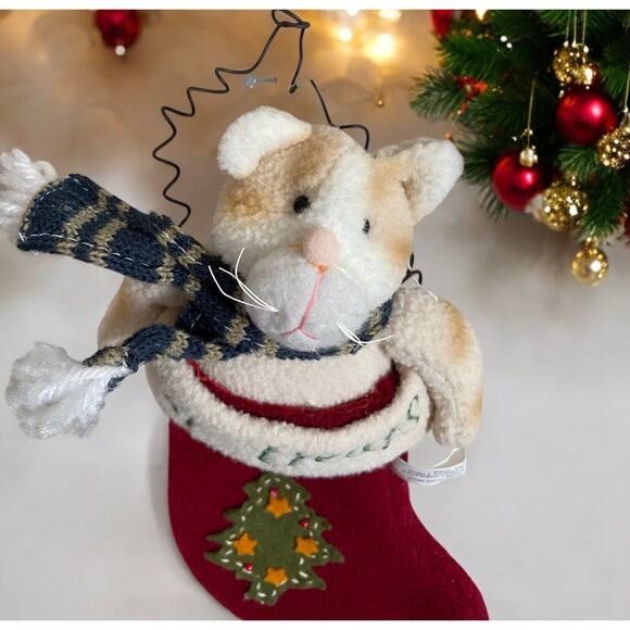 VINTAGE Fleece Orange Cat Treats Kitten in Stocking Christmas Tree Xmas Ornament - Picture 2 of 4